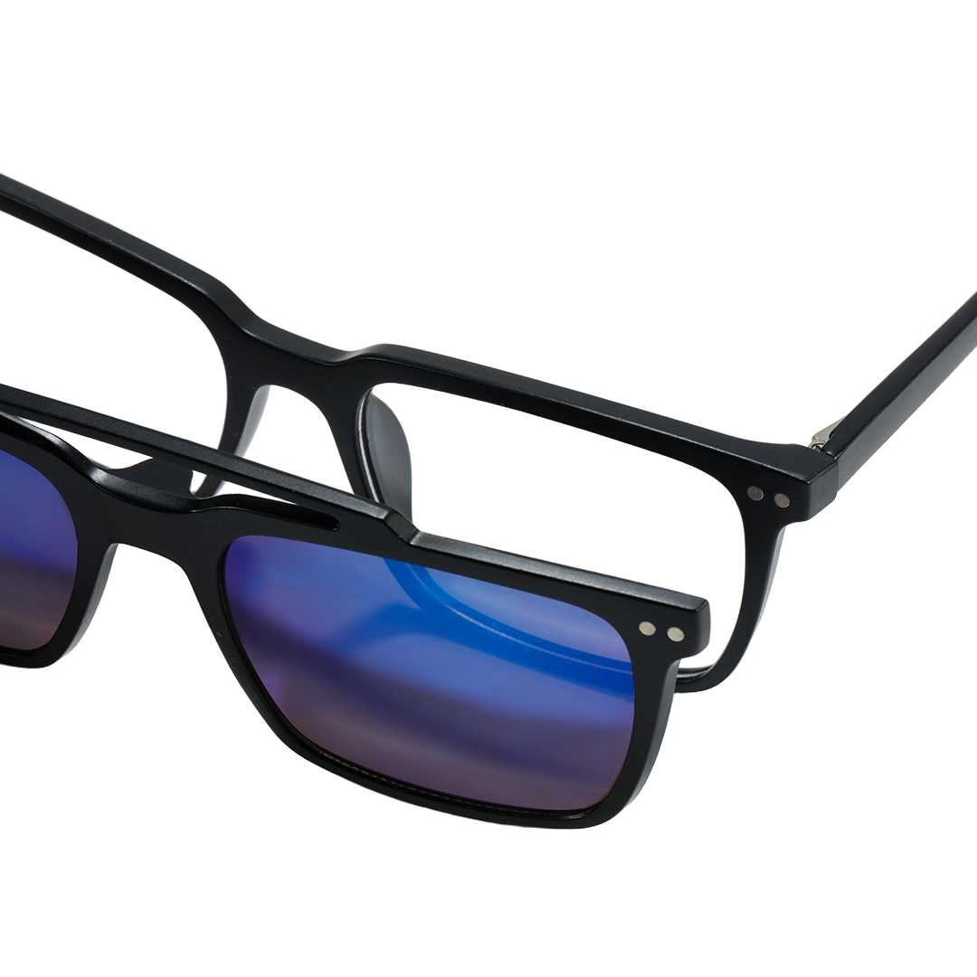 End piece detail of Parker rectangle tr90 magnetic clip-on eyeglasses set with interchangeable clip-on lenses ER0142601 in black