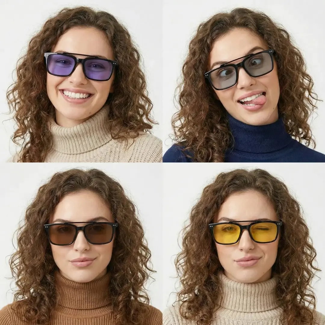 Front view of group wearing black rectangle magnetic clip-on eyeglasses set with interchangeable toppers, various expressions, ER0142601