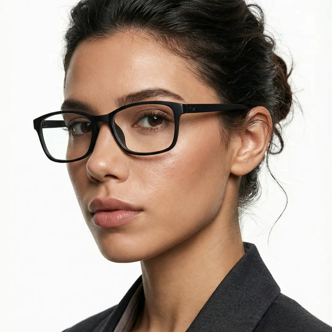 Over-the-shoulder view of female wearing black rectangle eyeglasses, calm expression, ER0152410