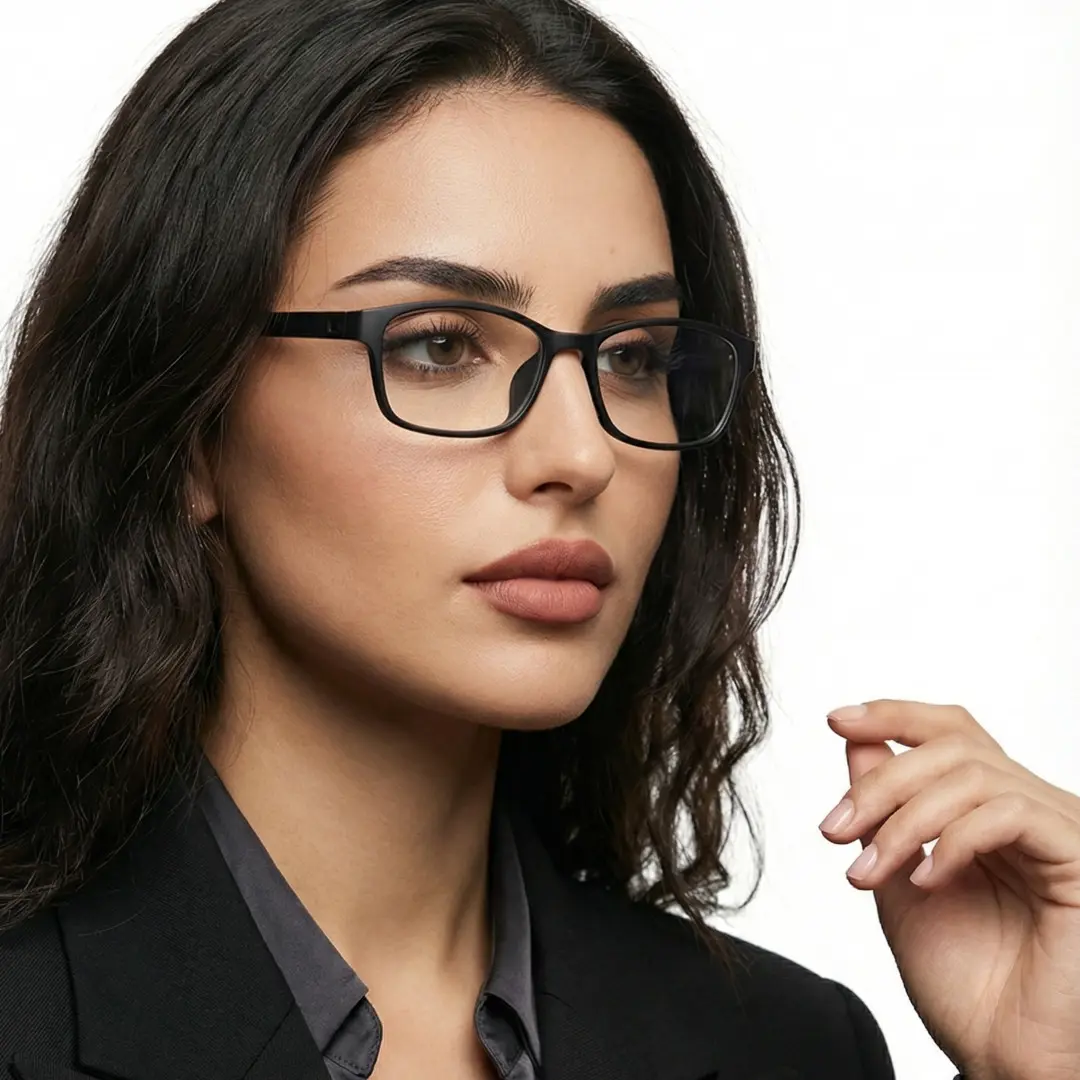 Female wearing office siren black rectangle tr90 eyeglasses, neutral expression. SPU: ER0152410