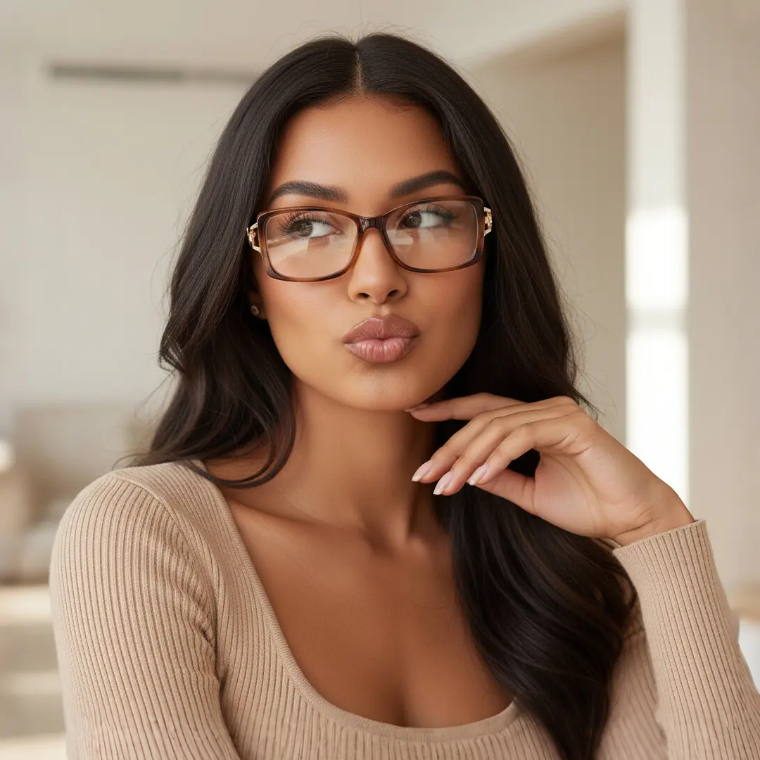 Looking away view of female wearing tortoise rectangle eyeglasses, resting chin on hand, neutral expression, ER0172509