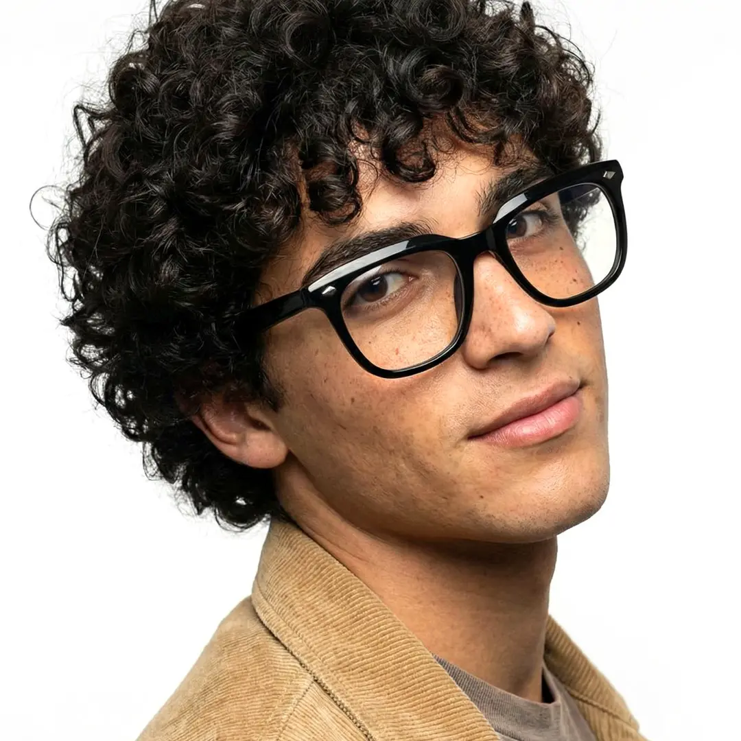 Face close-up view of male wearing black rectangle eyeglasses, neutral expression, ER0182412