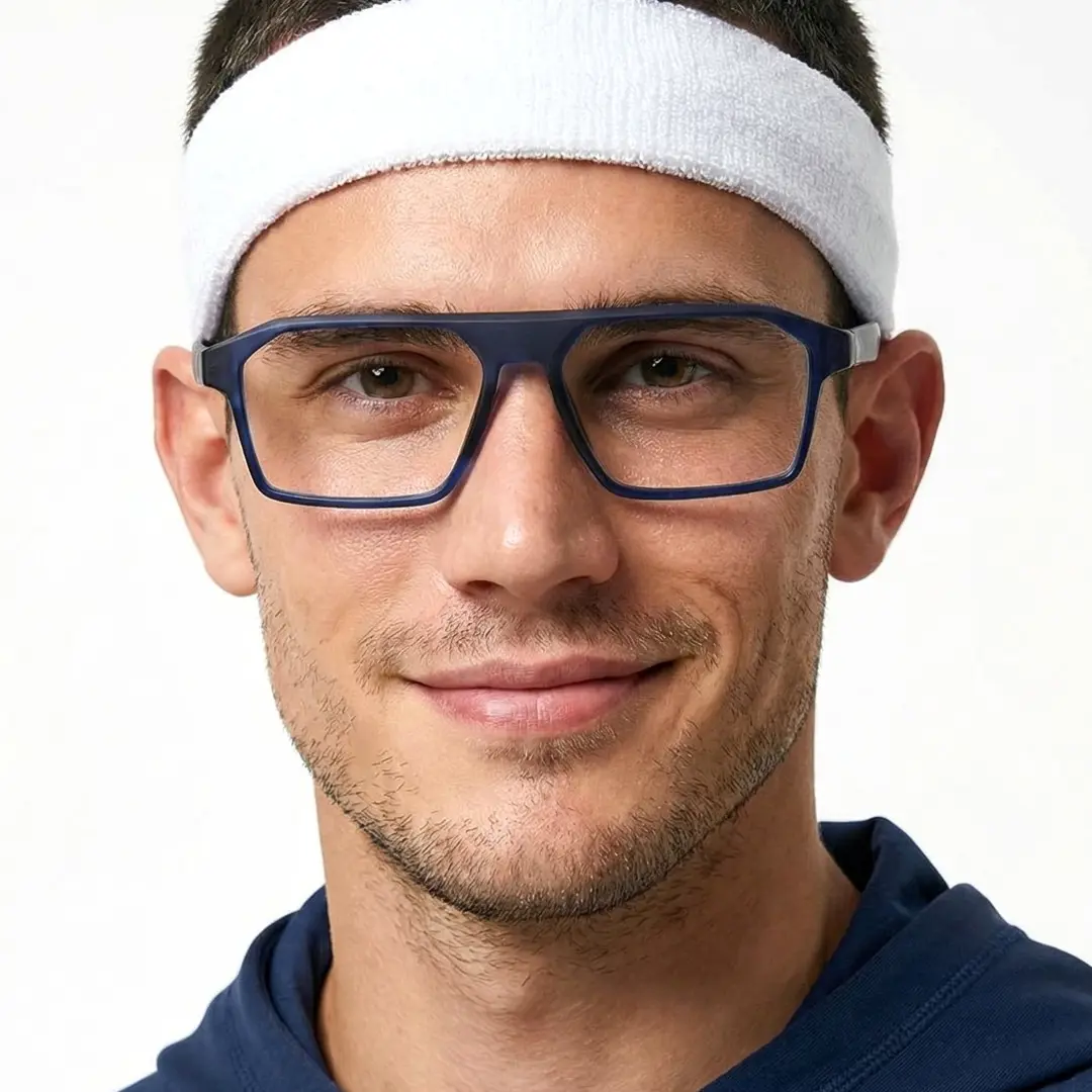 Front view of male wearing blue rectangle eyeglasses, neutral expression, ER0202508
