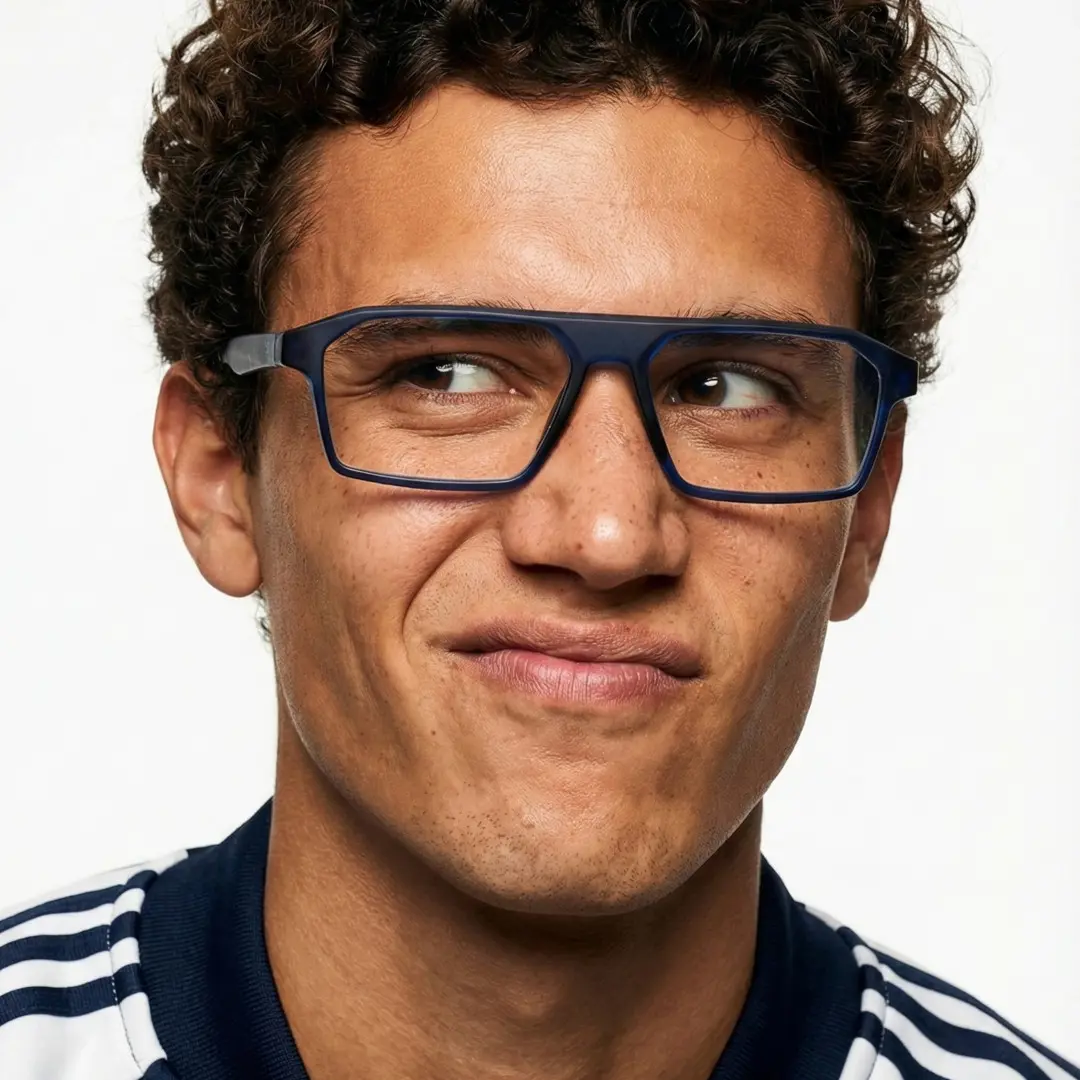 Looking away view of male wearing blue rectangle eyeglasses, confident expression, ER0202508