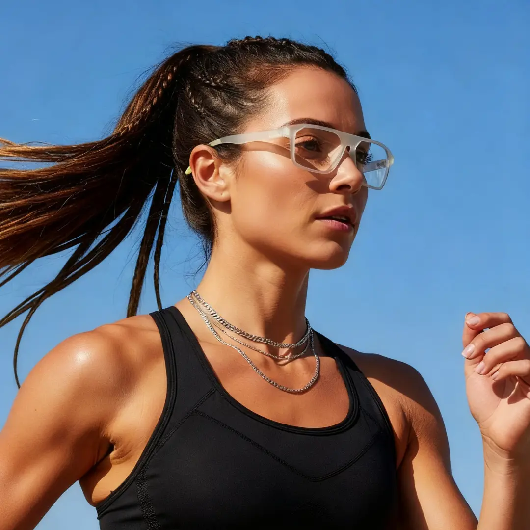 Looking away view of female wearing clear rectangle eyeglasses, neutral expression, ER0202508