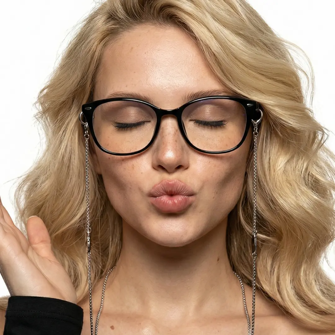 Front view of female wearing fashion black rectangle eyeglasses, pouting, relaxed expression, ER0212601