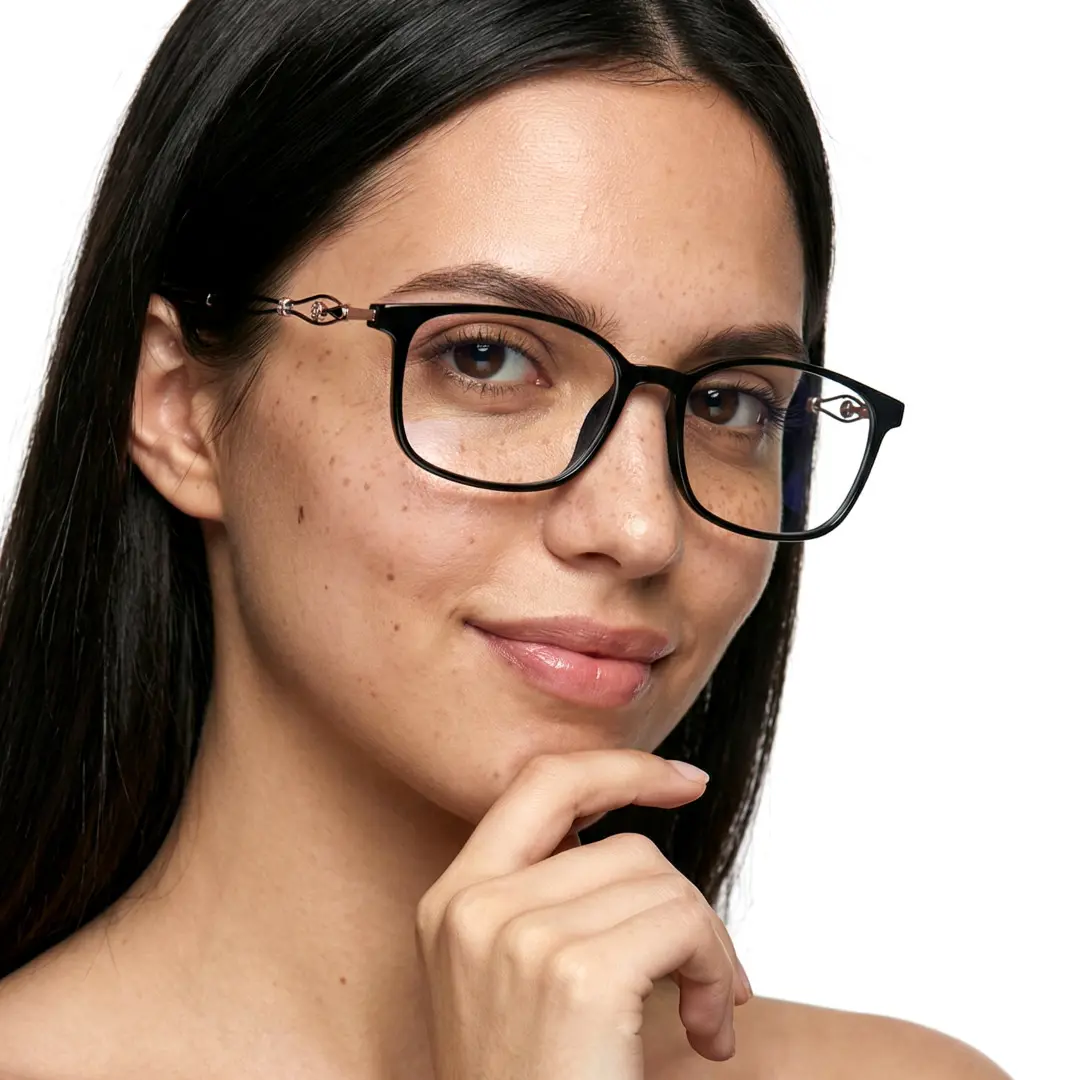 Face close-up view of female wearing office siren black rectangle eyeglasses, resting chin on hand, natural expression, ER0222509