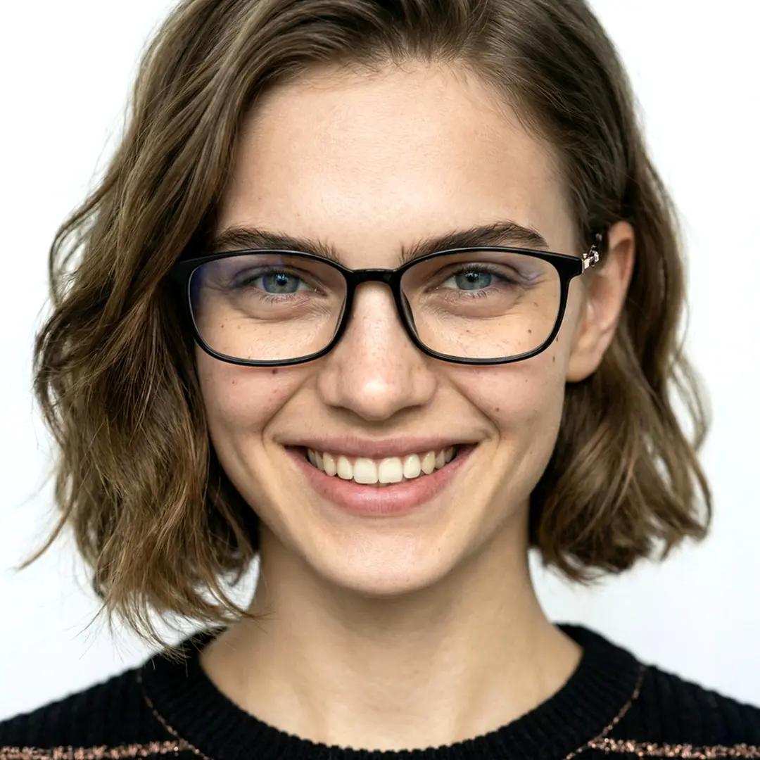 Front view of female wearing office siren black rectangle eyeglasses, smiling, ER0222509