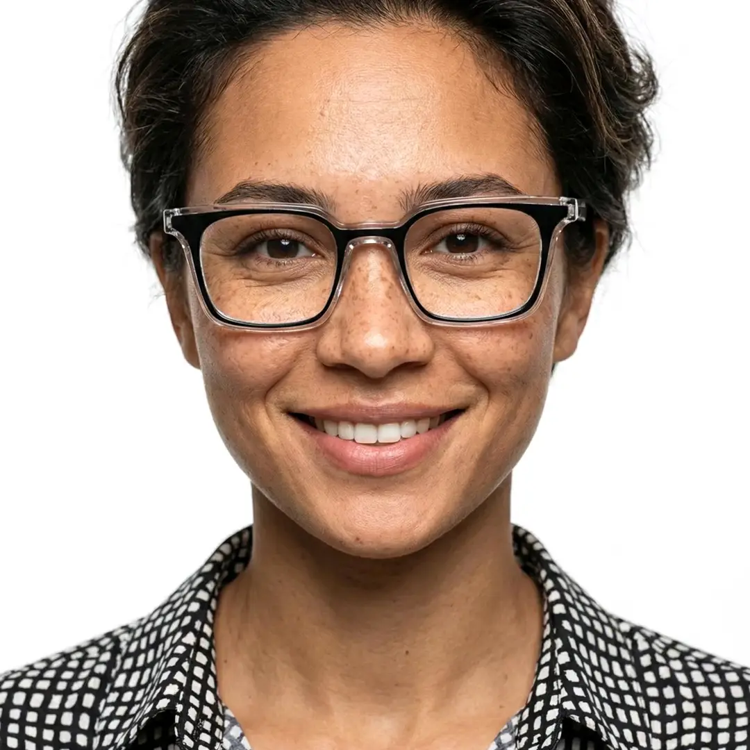 Front view of female wearing black rectangle eyeglasses, natural smile, ER0232508