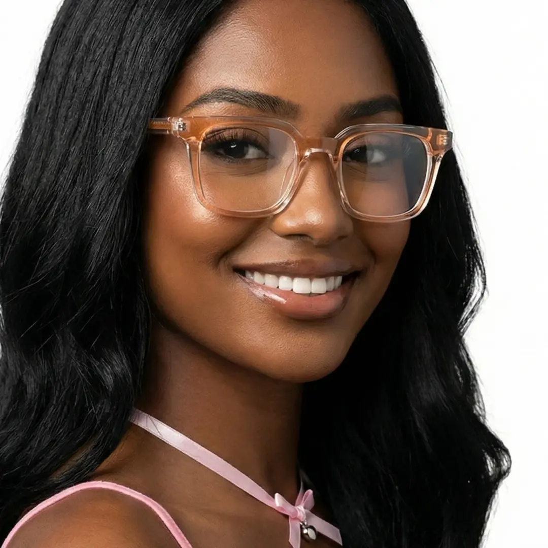 Face close-up view of female wearing brown rectangle eyeglasses, friendly smile, ER0232508