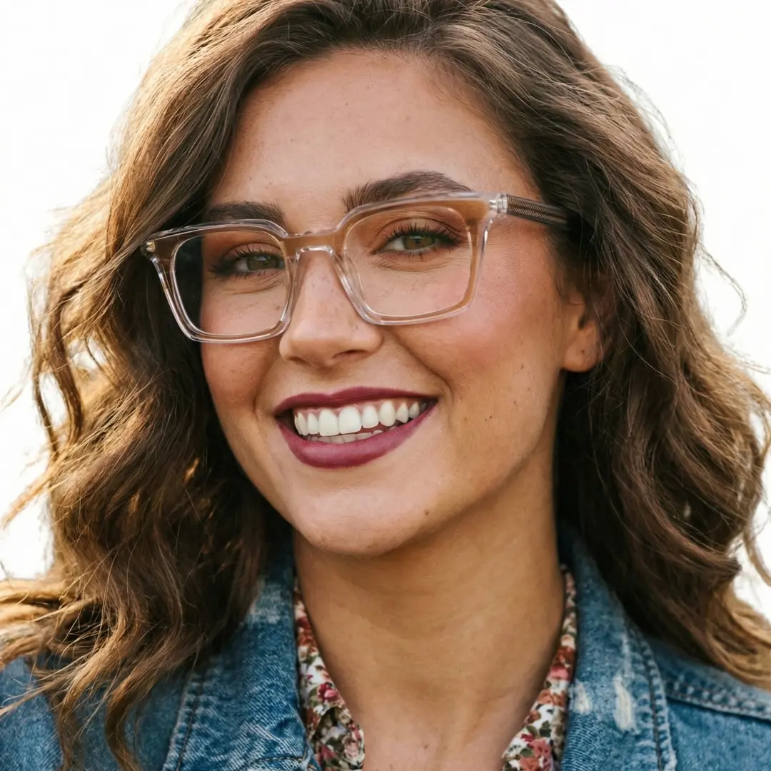 Three-quarter view of female wearing brown rectangle eyeglasses, soft smile, ER0232508