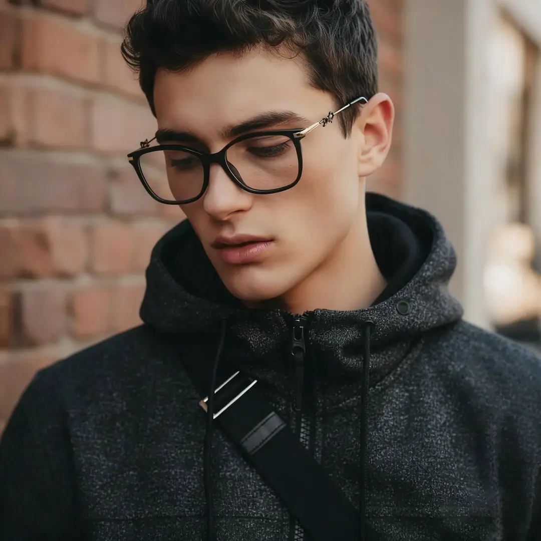 Three-quarter view of male wearing black rectangle eyeglasses, calm expression, ER0232509