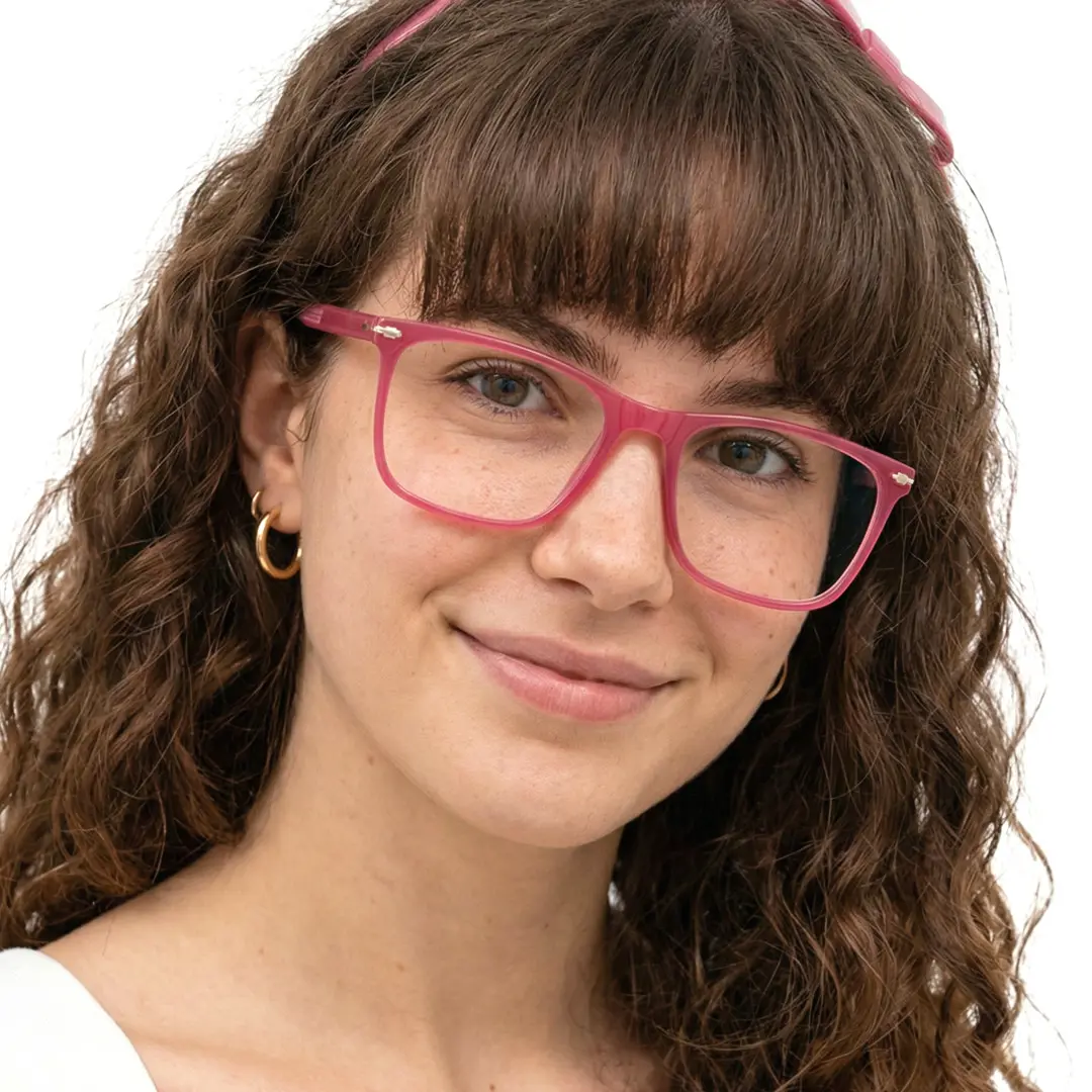 Front view of female wearing red rectangle eyeglasses, friendly smile, ER0272411