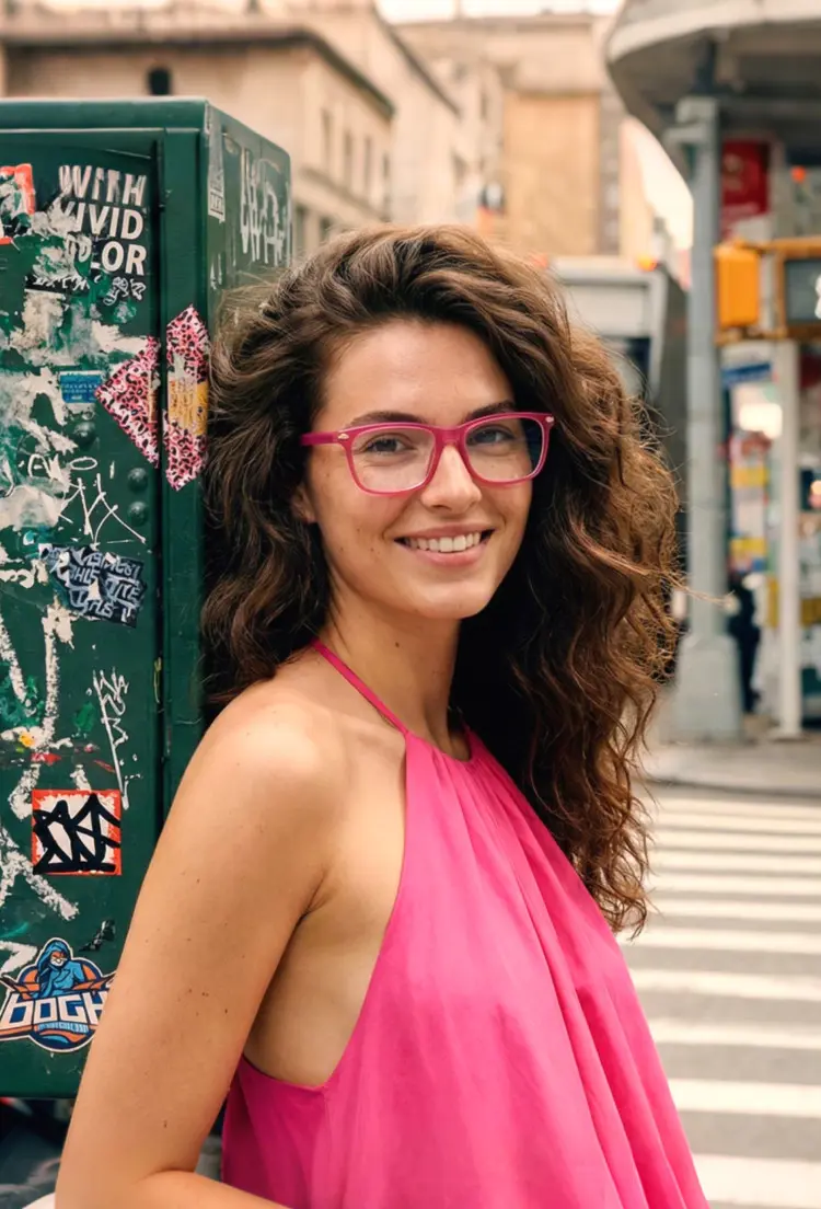 Female model wearing fashion red rectangle tr90 eyeglasses  in a busy city street. SPU: ER0272411