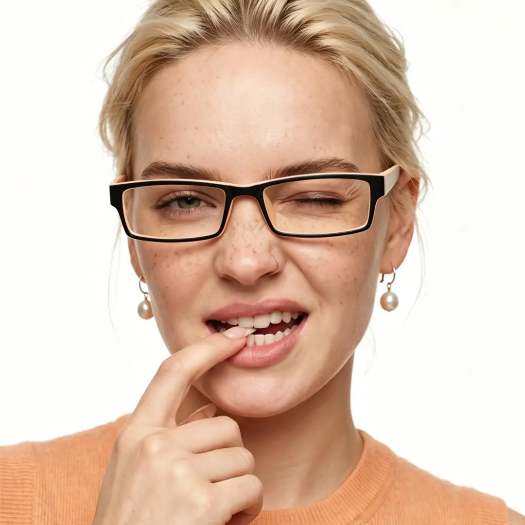 Front view of female wearing office siren beige rectangle eyeglasses, hand touching lips, ER0302412
