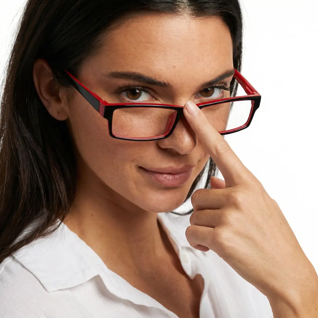 Three-quarter view of female wearing black red rectangle eyeglasses, touching frame, confident expression, ER0302412