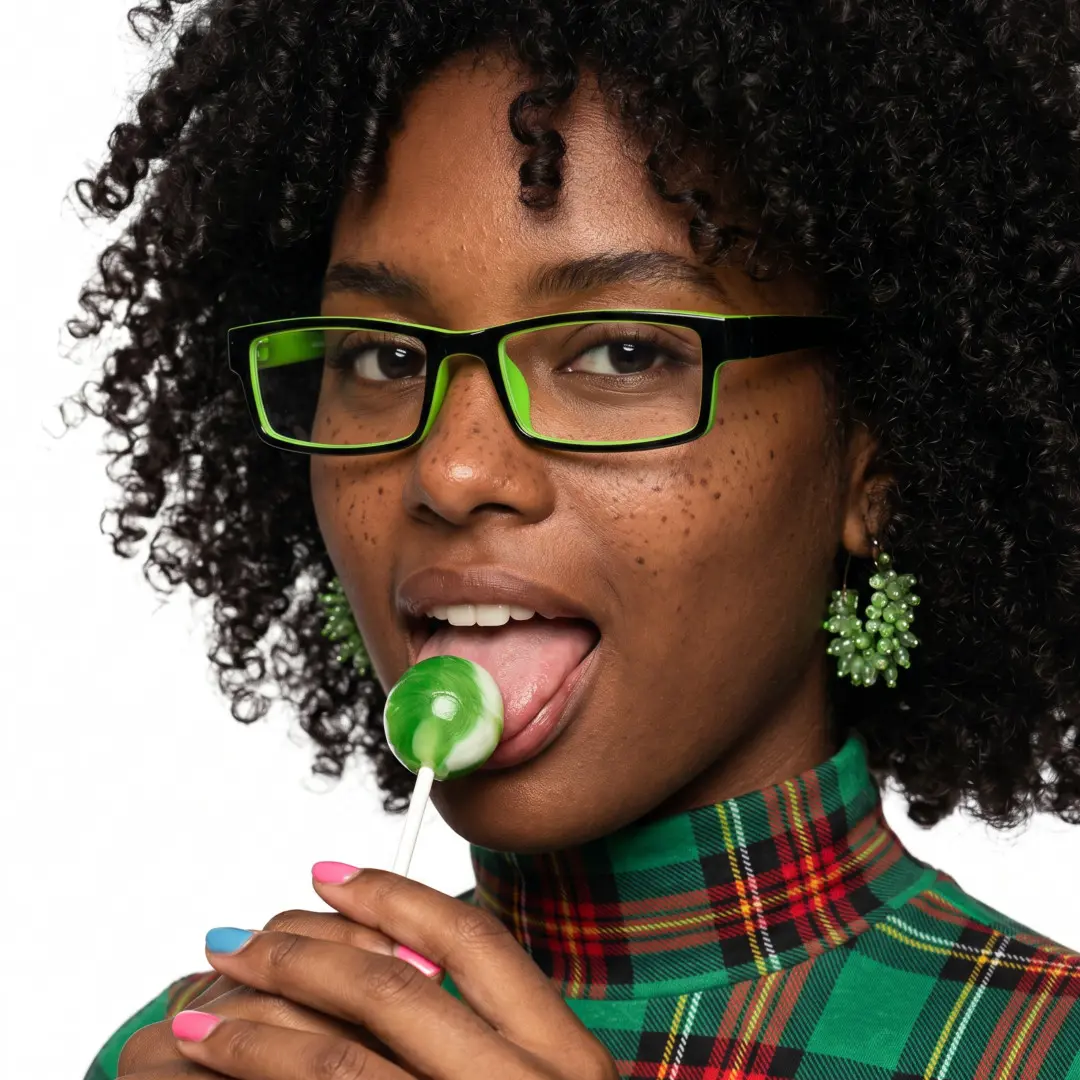 Close-up view of female wearing office siren green rectangle eyeglasses, licking a lollipop, neutral expression, ER0302412