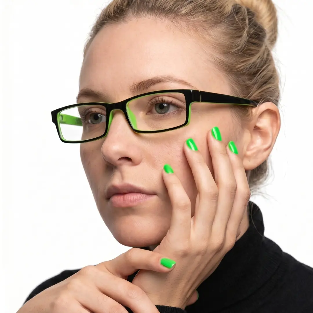Profile view of female wearing office siren green rectangle eyeglasses, resting chin on hand, neutral expression, ER0302412