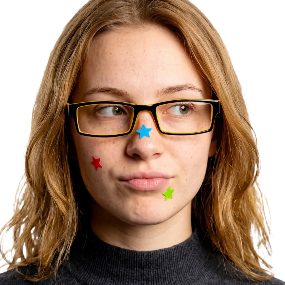 Close-up view of female wearing office siren yellow rectangle eyeglasses, neutral expression, ER0302412