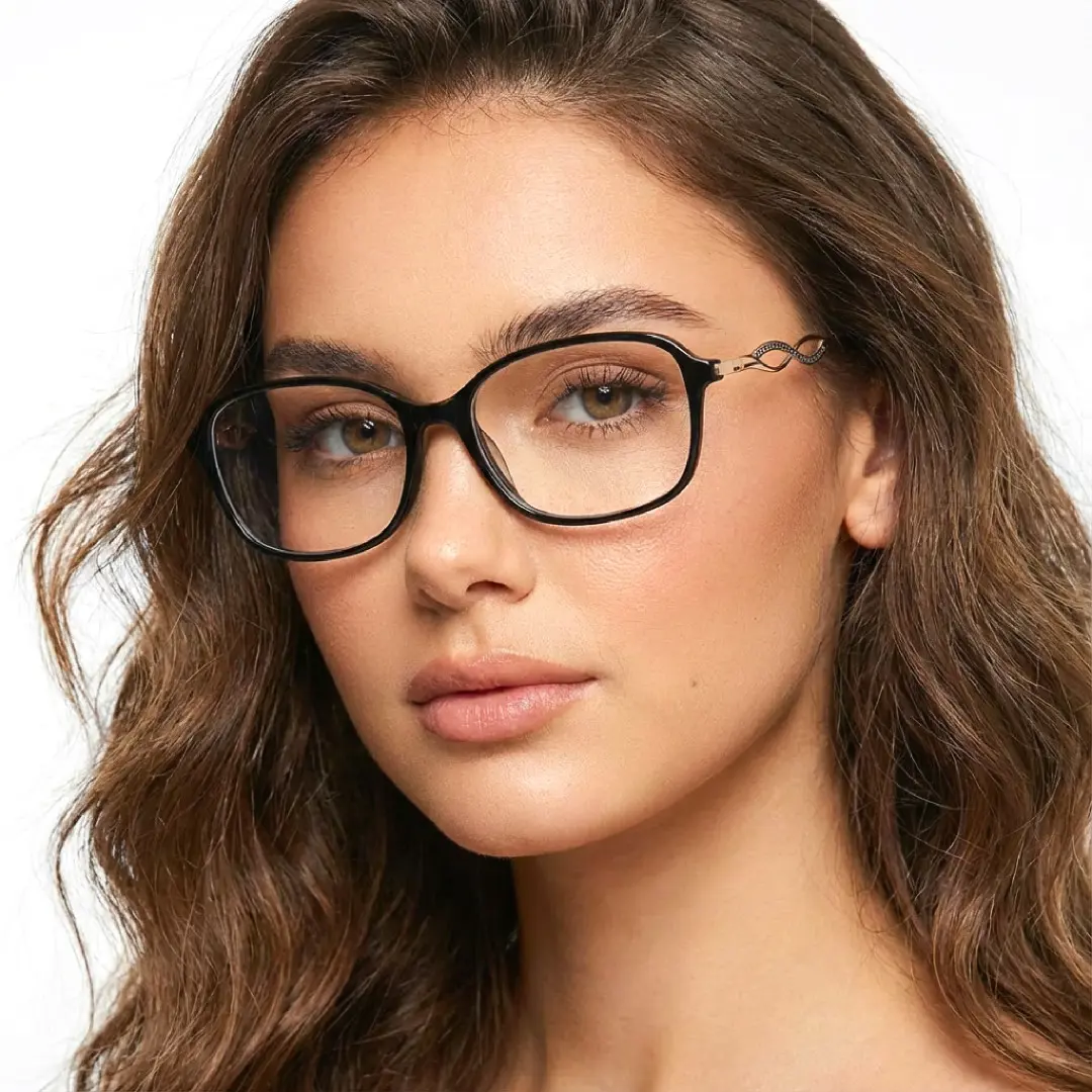 Front view of female wearing office siren black rectangle eyeglasses, relaxed expression, ER0372509