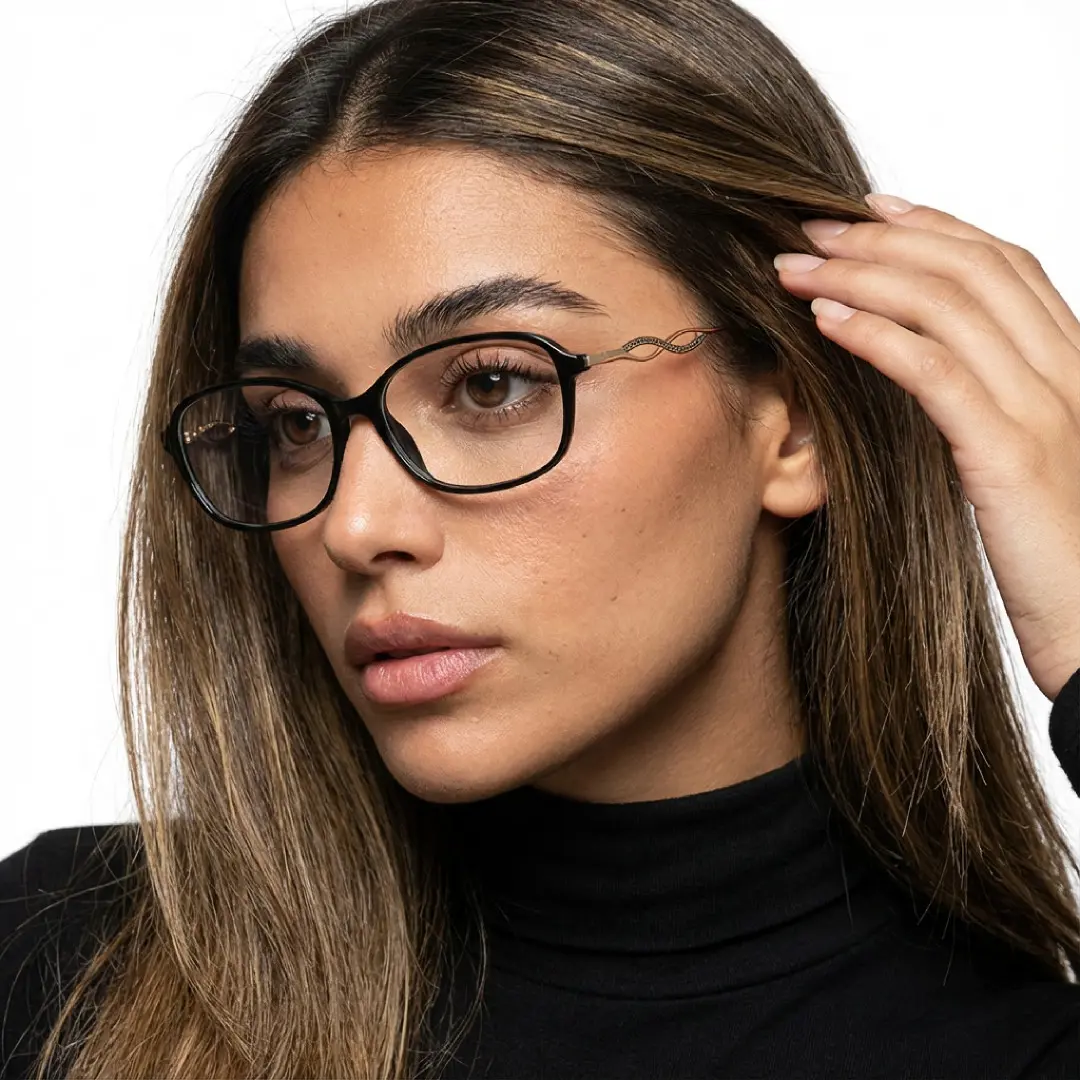 Three-quarter view of female wearing office siren black rectangle eyeglasses, calm expression, ER0372509