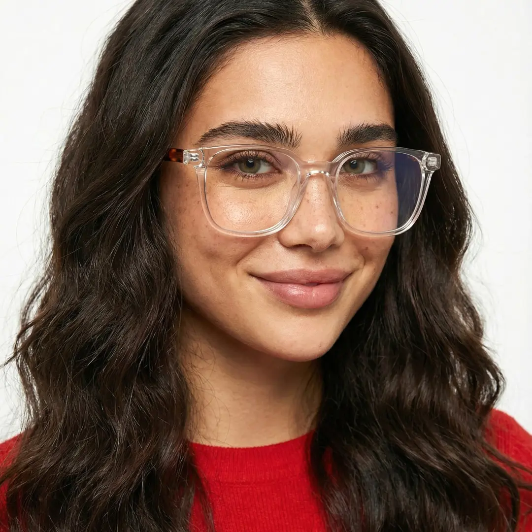 Three-quarter view of female wearing clear rectangle eyeglasses, smiling, ER0462508