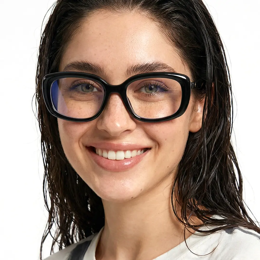 Front view of female wearing y2k black rectangle eyeglasses, smiling, ER0562509