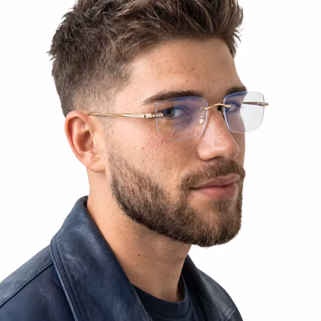 Close-up view of gold rectangle eyeglasses, natural expression. SPU: ET0022605