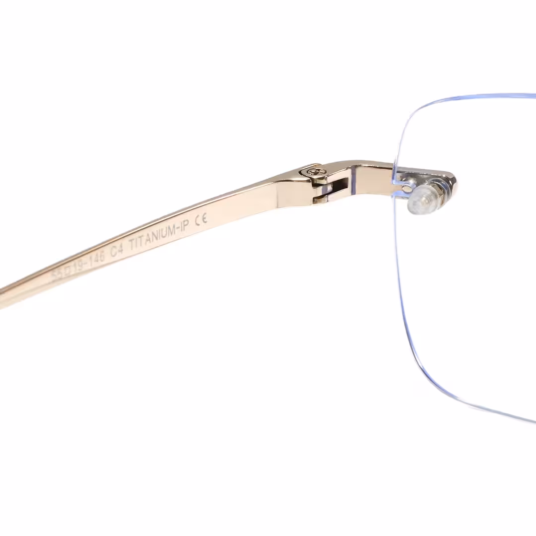 Hinge detail of Valeo rectangle titanium eyeglasses ET0022605 in gold
