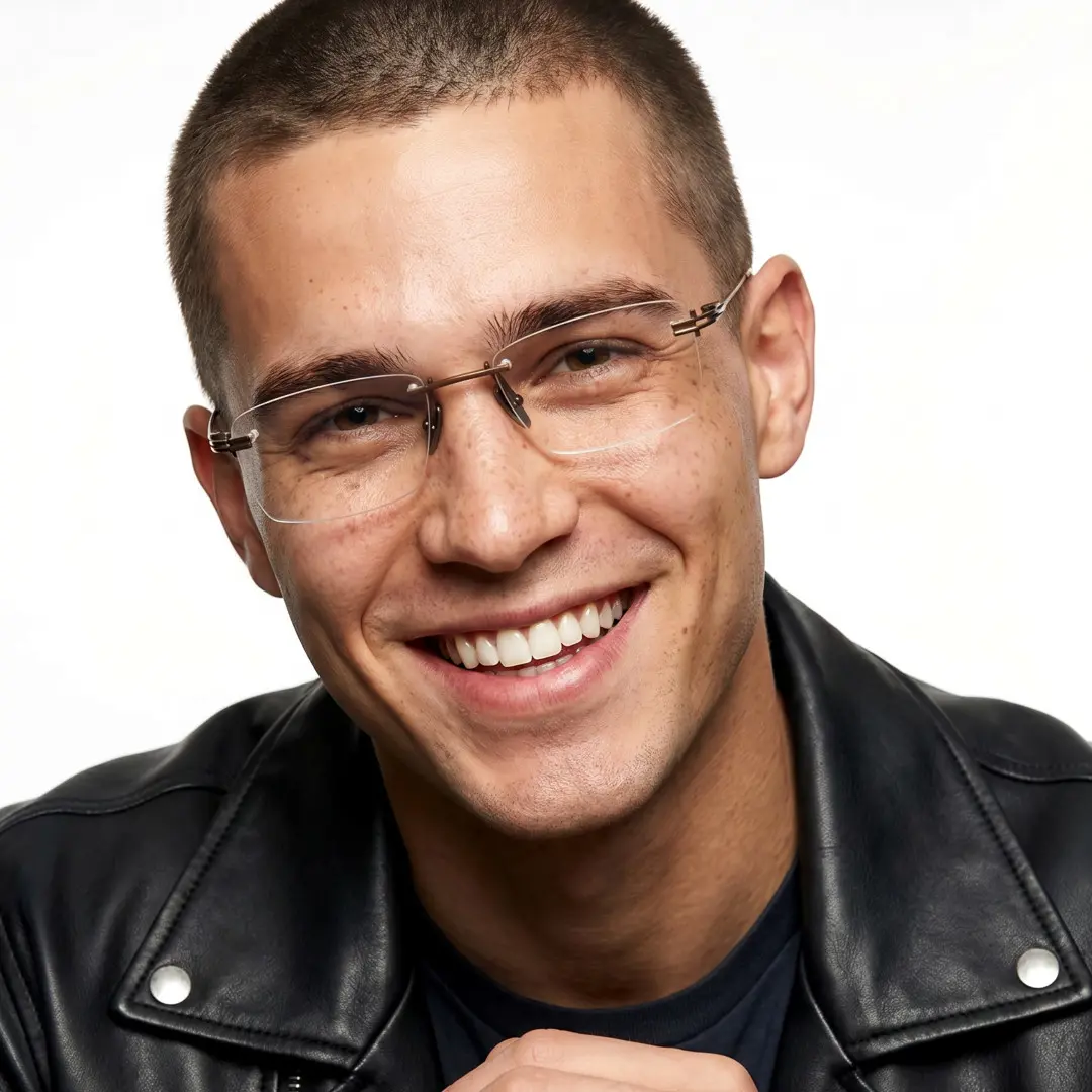 Front view of male wearing vintage bronze rectangle eyeglasses, smiling, ET0042604