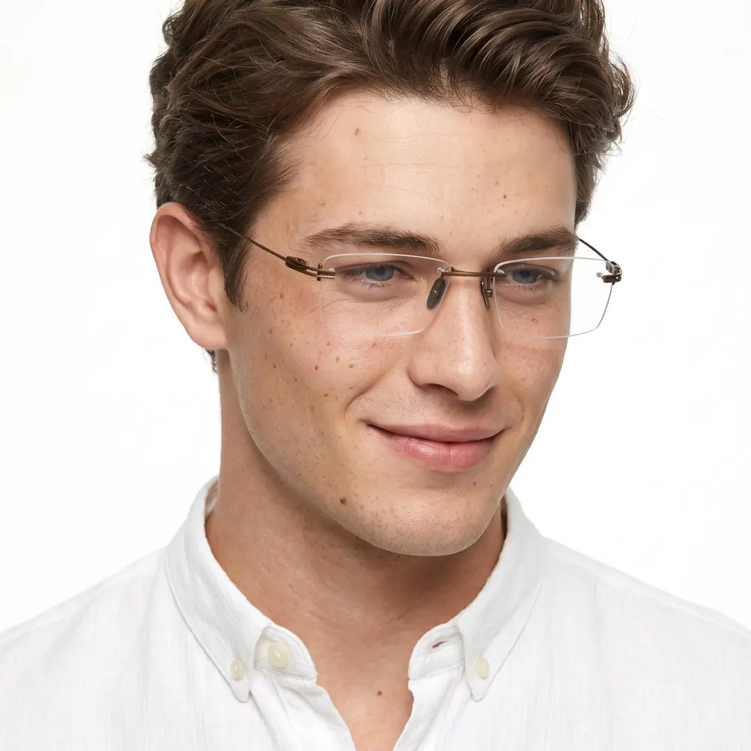 Looking away view of male wearing vintage bronze rectangle eyeglasses, natural smile, ET0042604