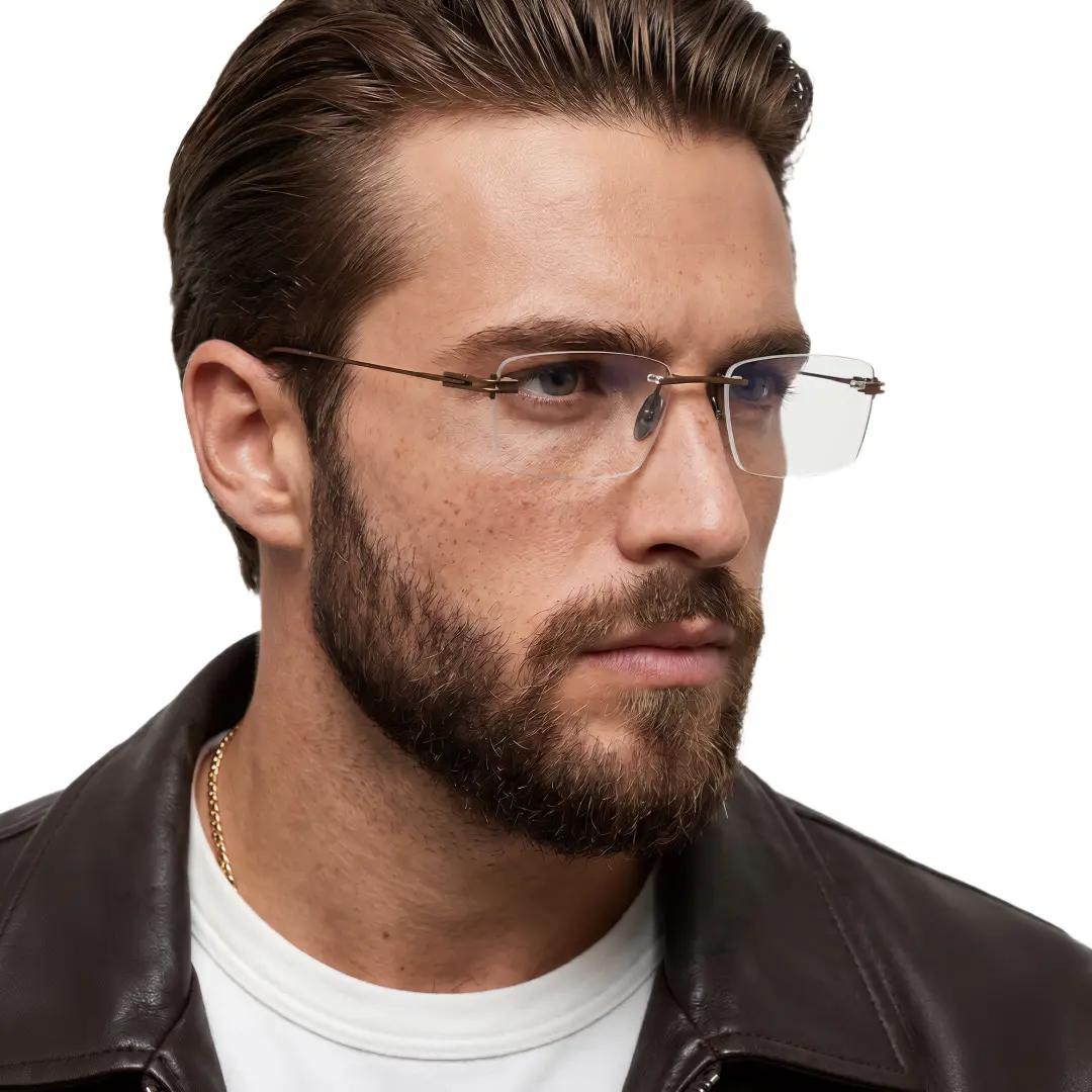Profile view of male wearing vintage bronze rectangle eyeglasses, neutral expression, ET0042604