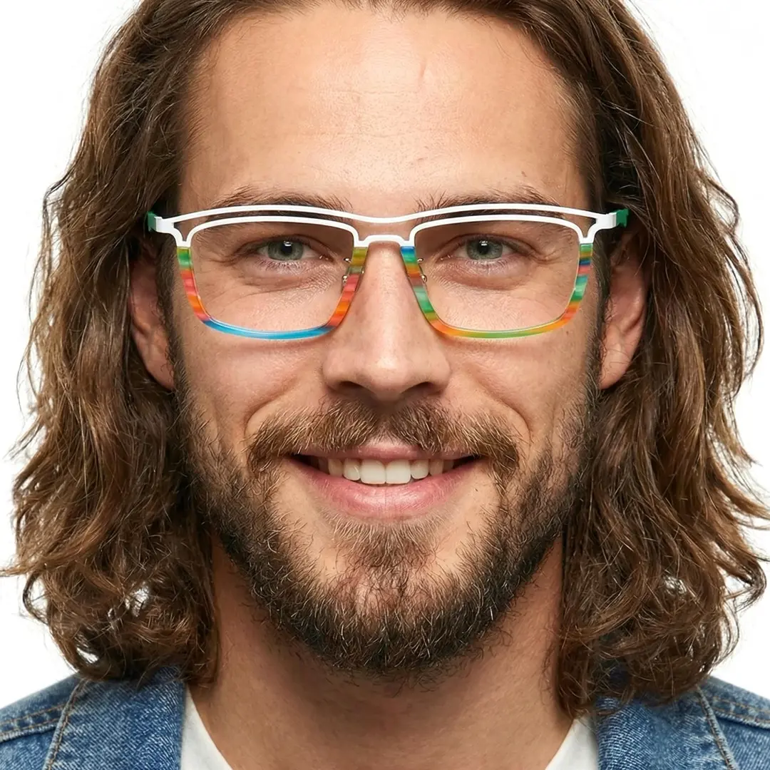 Front view of male wearing multicolor rectangle eyeglasses, smiling, ET0112407