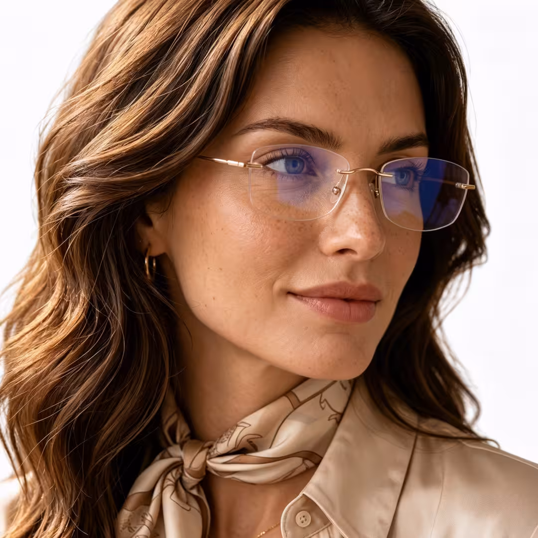 Female wearing gold rectangle titanium eyeglasses, natural expression. SPU: ET0242605