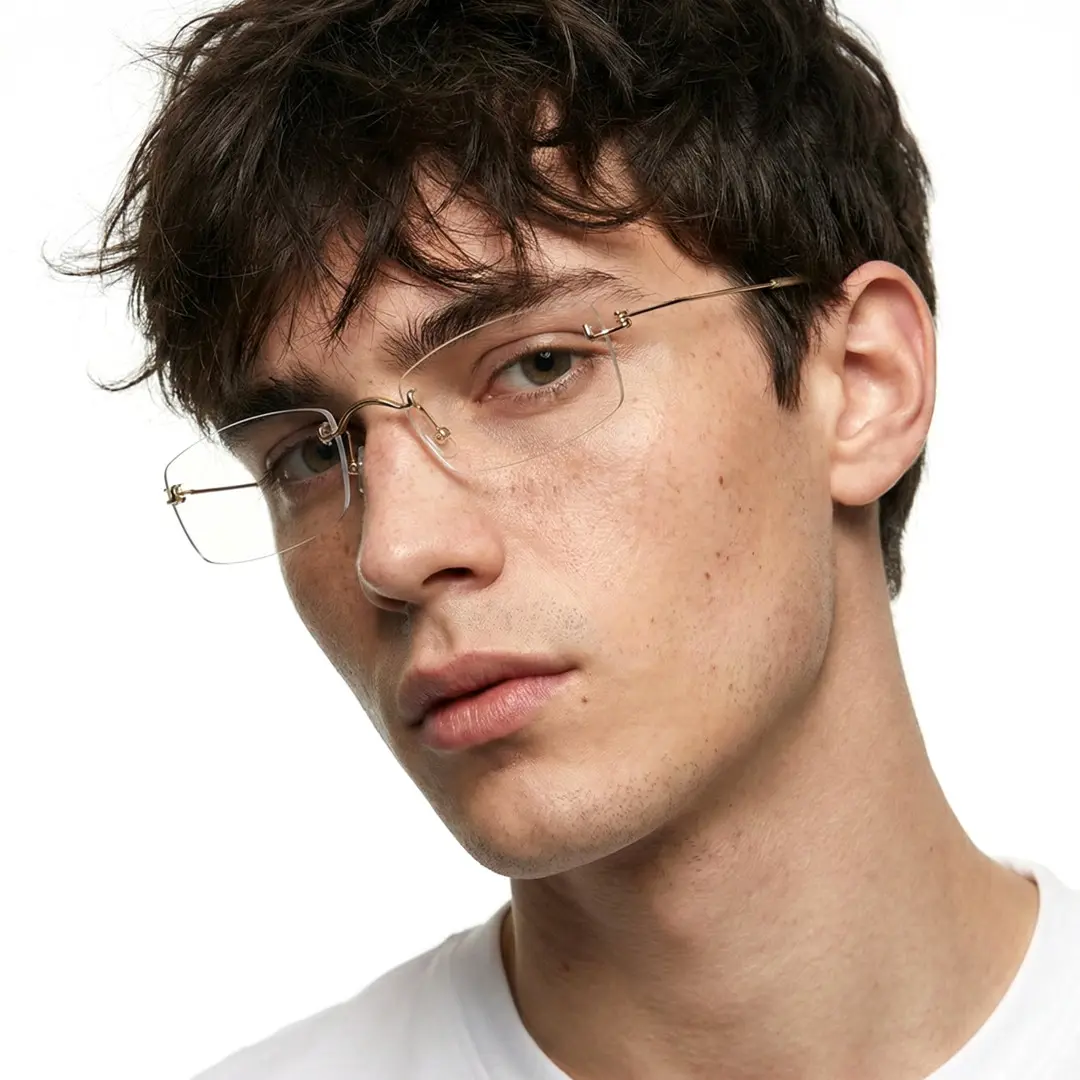 Profile view of male wearing gold rectangle eyeglasses, tilting head, neutral expression, ET0292601