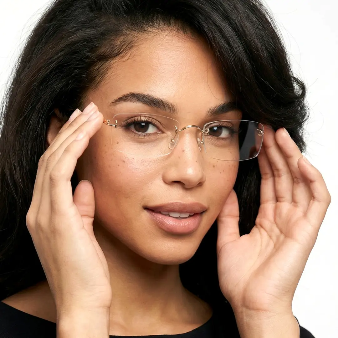 Profile view of female wearing gold rectangle eyeglasses, touching frame, relaxed expression, ET0292601