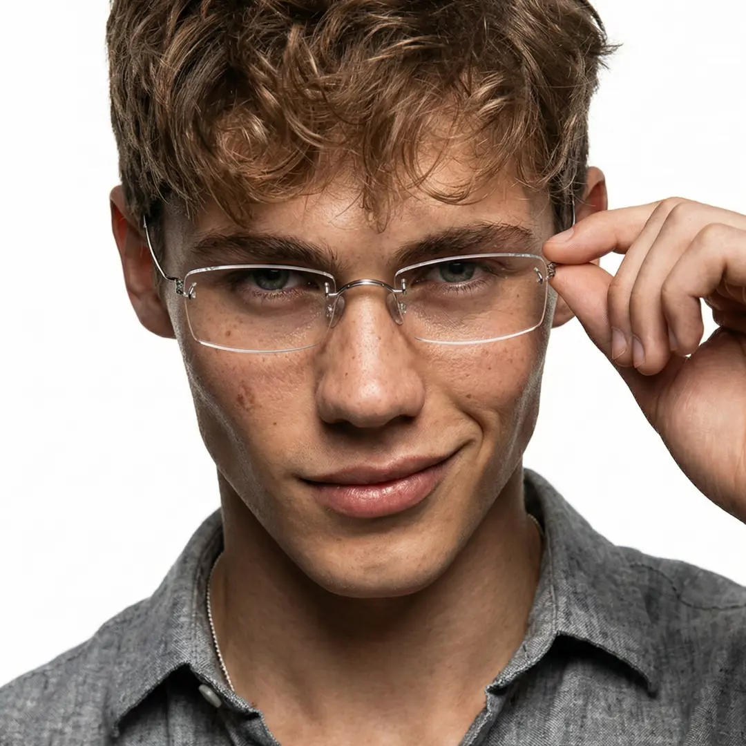 Looking straight ahead of male wearing silver rectangle eyeglasses, holding glasses, soft smile, ET0292601