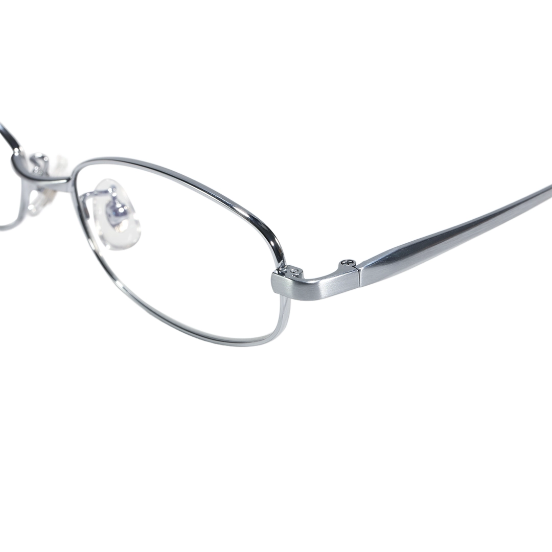 End piece detail of Rhea office siren rectangle titanium eyeglasses ET0302601 in silver