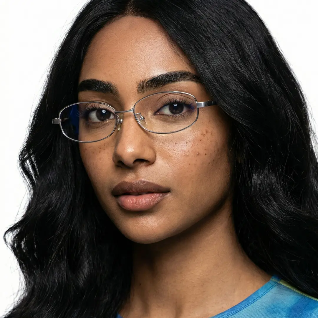 Front view of female wearing office siren silver rectangle eyeglasses, natural expression, ET0302601