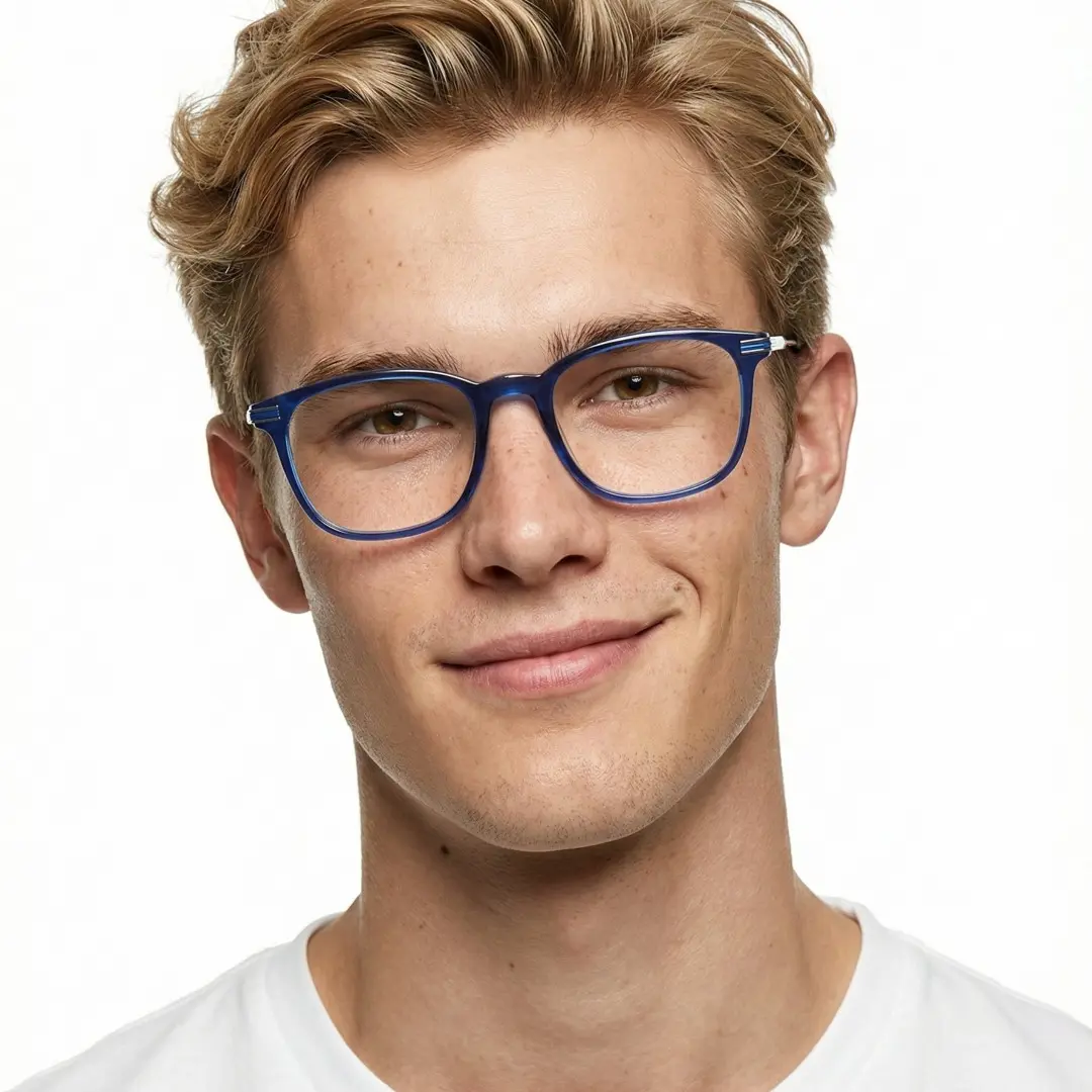 Front view of male wearing vintage blue rectangle eyeglasses, natural smile, ET0312208