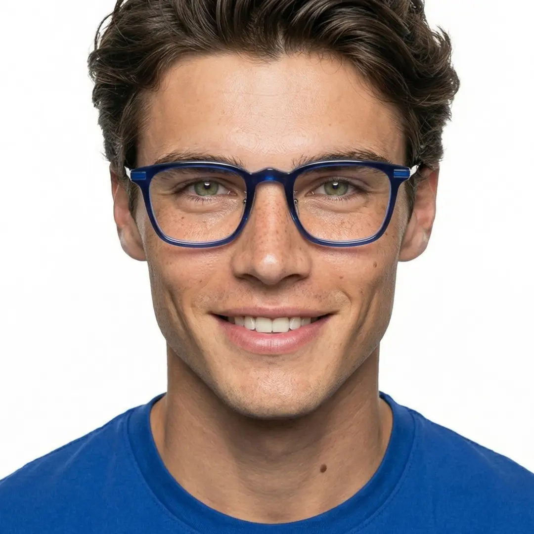 Looking straight ahead view of male wearing vintage blue rectangle eyeglasses, smiling, ET0312208