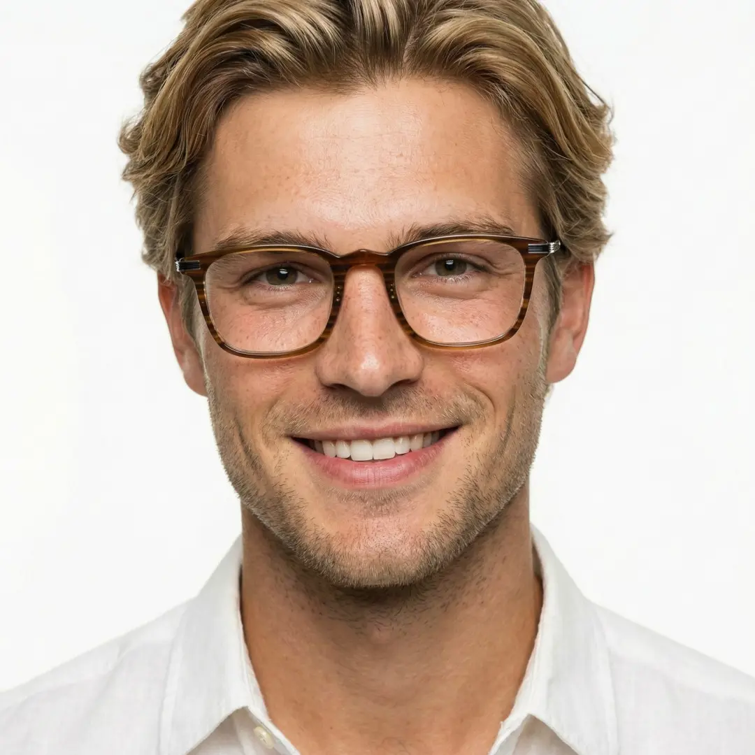 Front view of male wearing vintage yellow rectangle eyeglasses, smiling, ET0312208