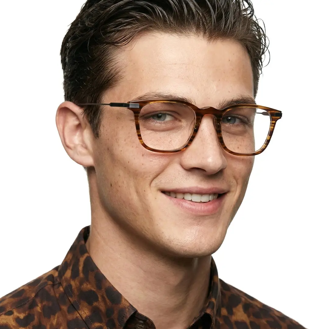 Three-quarter view of male wearing vintage yellow rectangle eyeglasses, natural smile, ET0312208