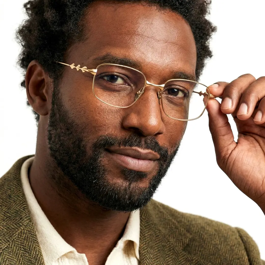 Close-up view of male wearing gold rectangle eyeglasses, touching frame, neutral expression, ET0322501