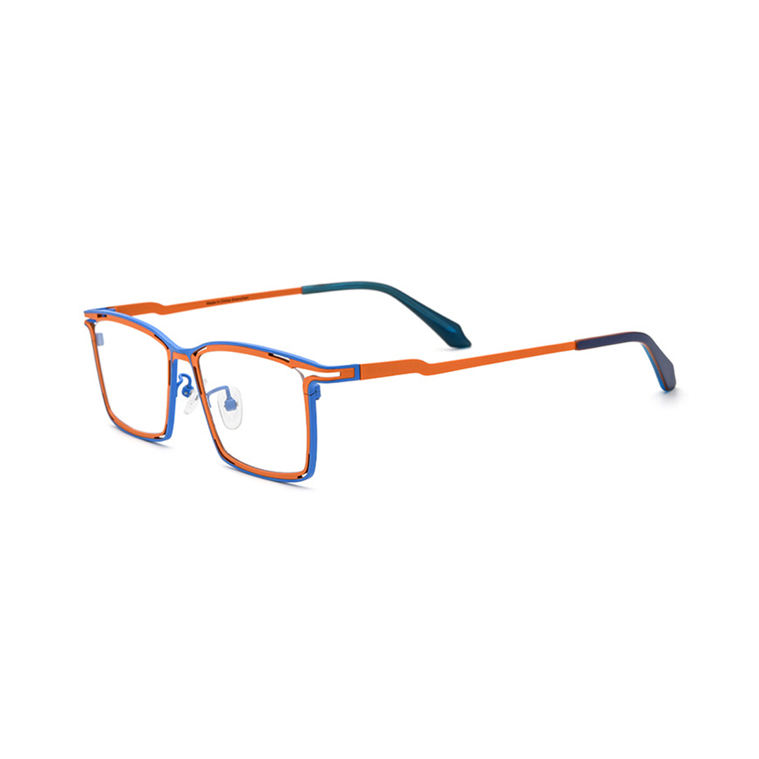 Angle view of Nolan steampunk rectangle titanium eyeglasses in two tone. SPU: ET0352508