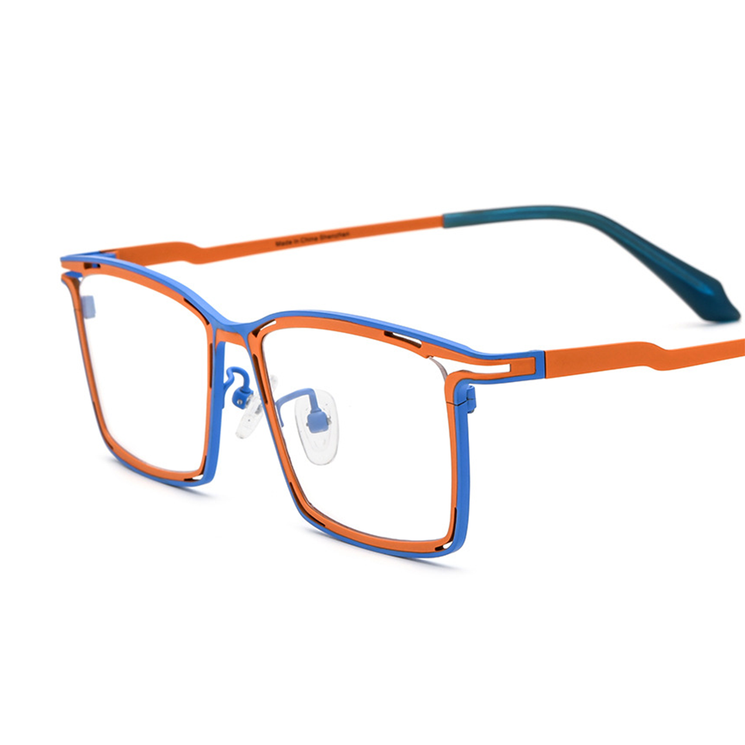 Frame detail view of Nolan steampunk rectangle titanium eyeglasses in two tone. SPU: ET0352508
