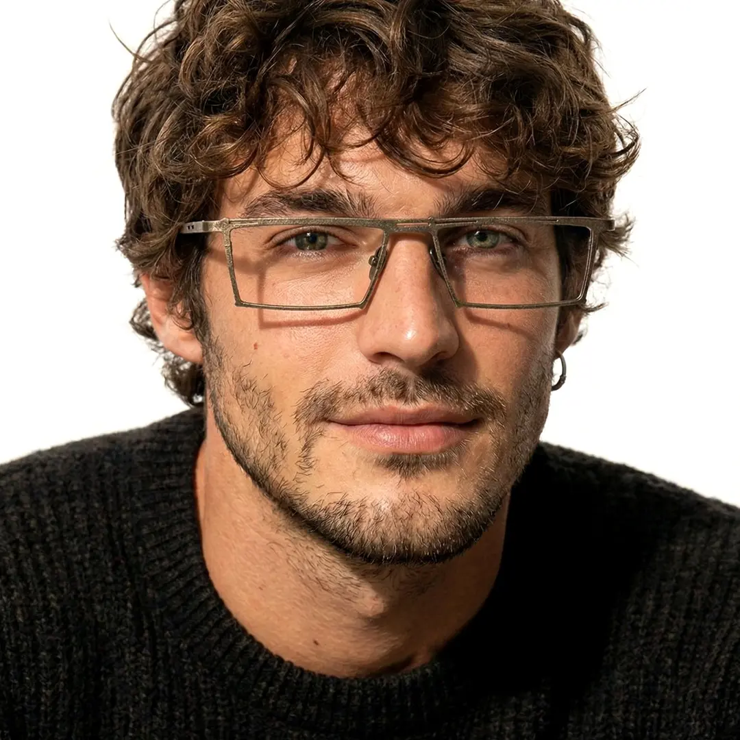 Front view of male wearing steampunk bronze rectangle eyeglasses, neutral expression, ET0492509