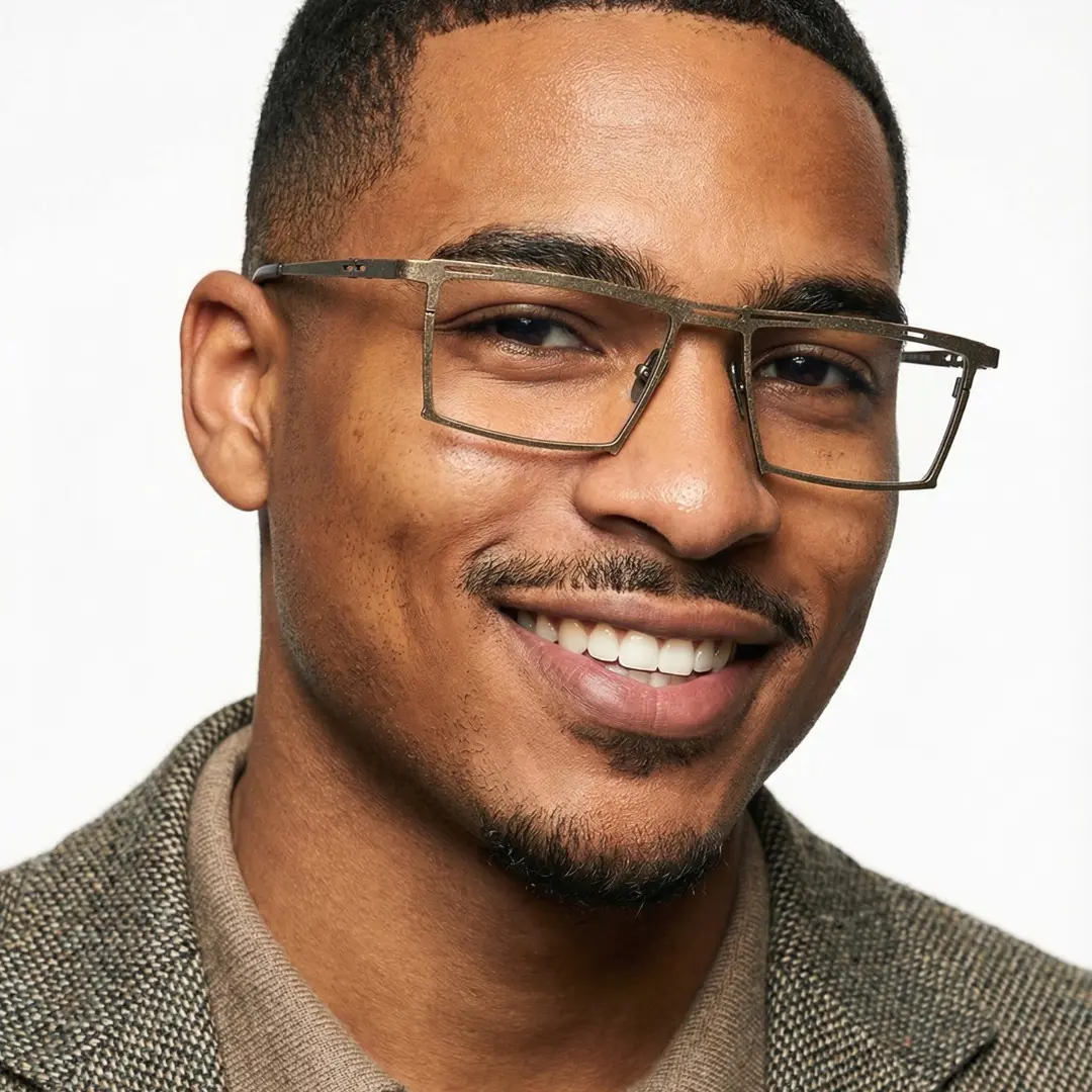 Profile view of male wearing steampunk bronze rectangle eyeglasses, smiling, ET0492509