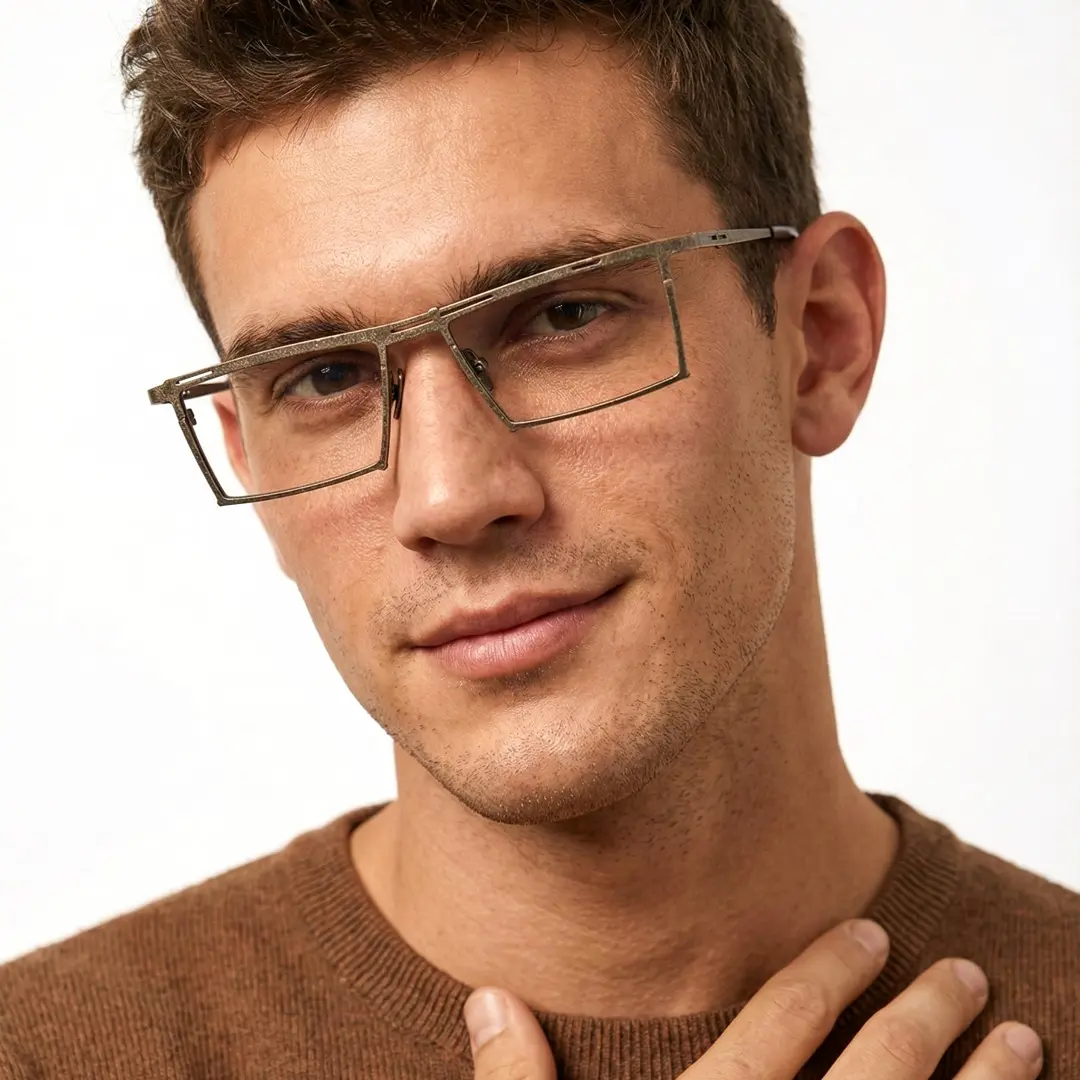 Three-quarter view of male wearing steampunk bronze rectangle eyeglasses, tilting head, natural expression, ET0492509