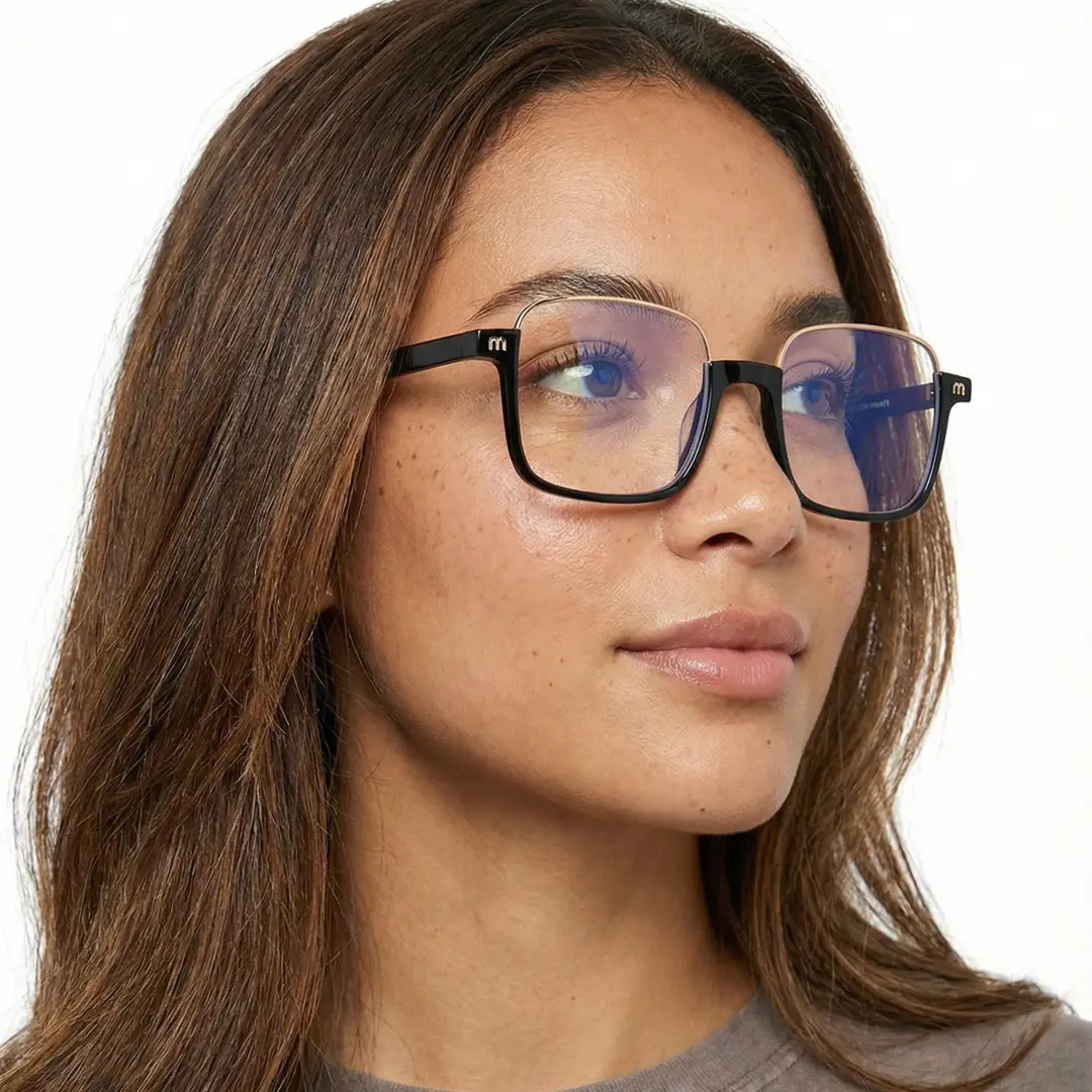 Profile view of female wearing black rectangle eyeglasses, neutral expression, EX0382509